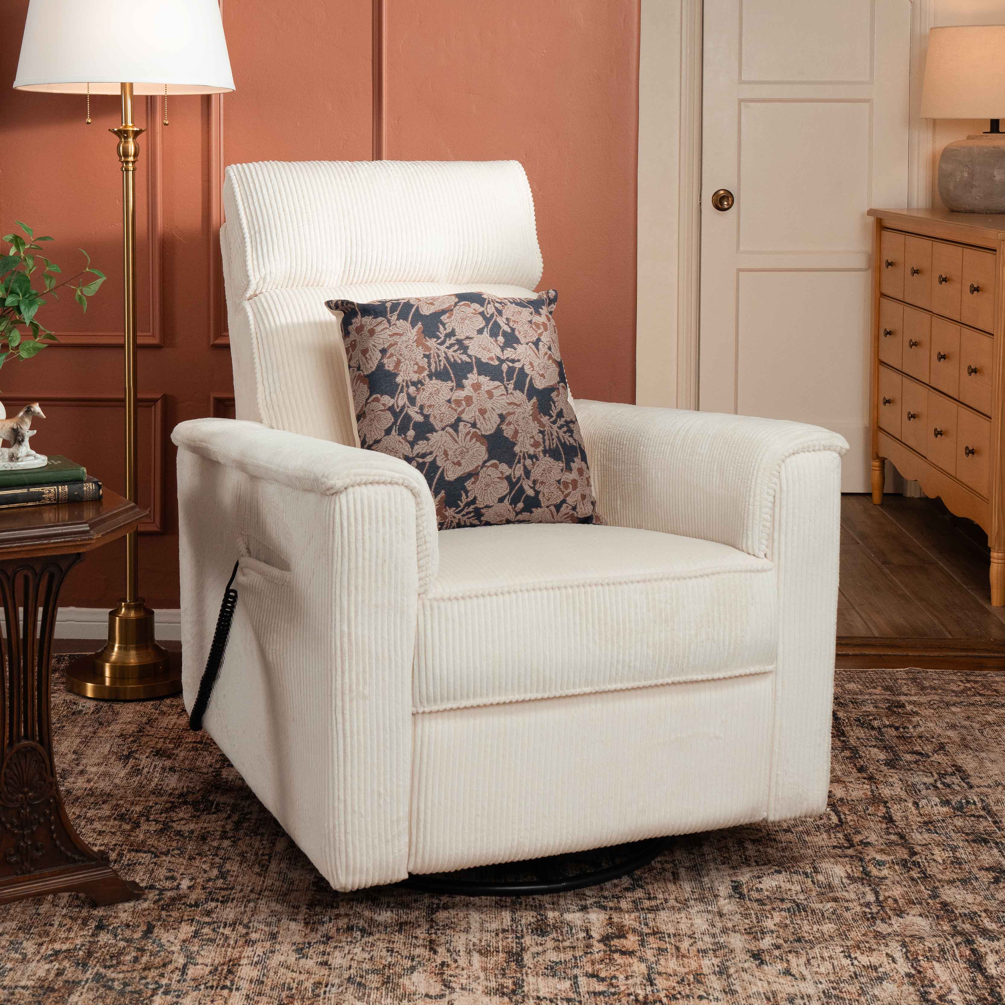 Monogram by Namesake Willa Deluxe Power Recliner and Swivel Glider with Heat + Massage | Ivory Corduroy