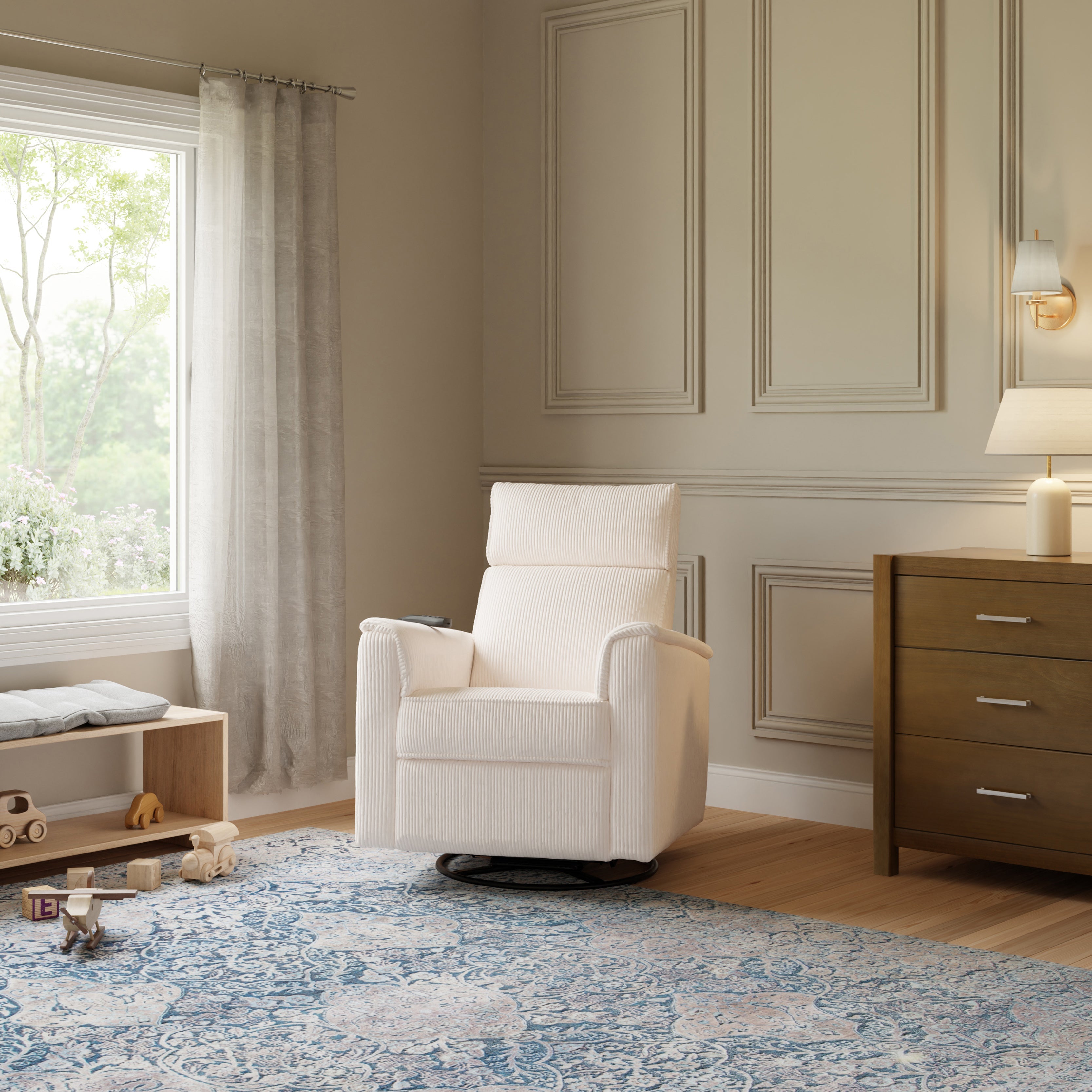 Monogram by Namesake Willa Deluxe Power Recliner and Swivel Glider with Heat + Massage | Ivory Corduroy